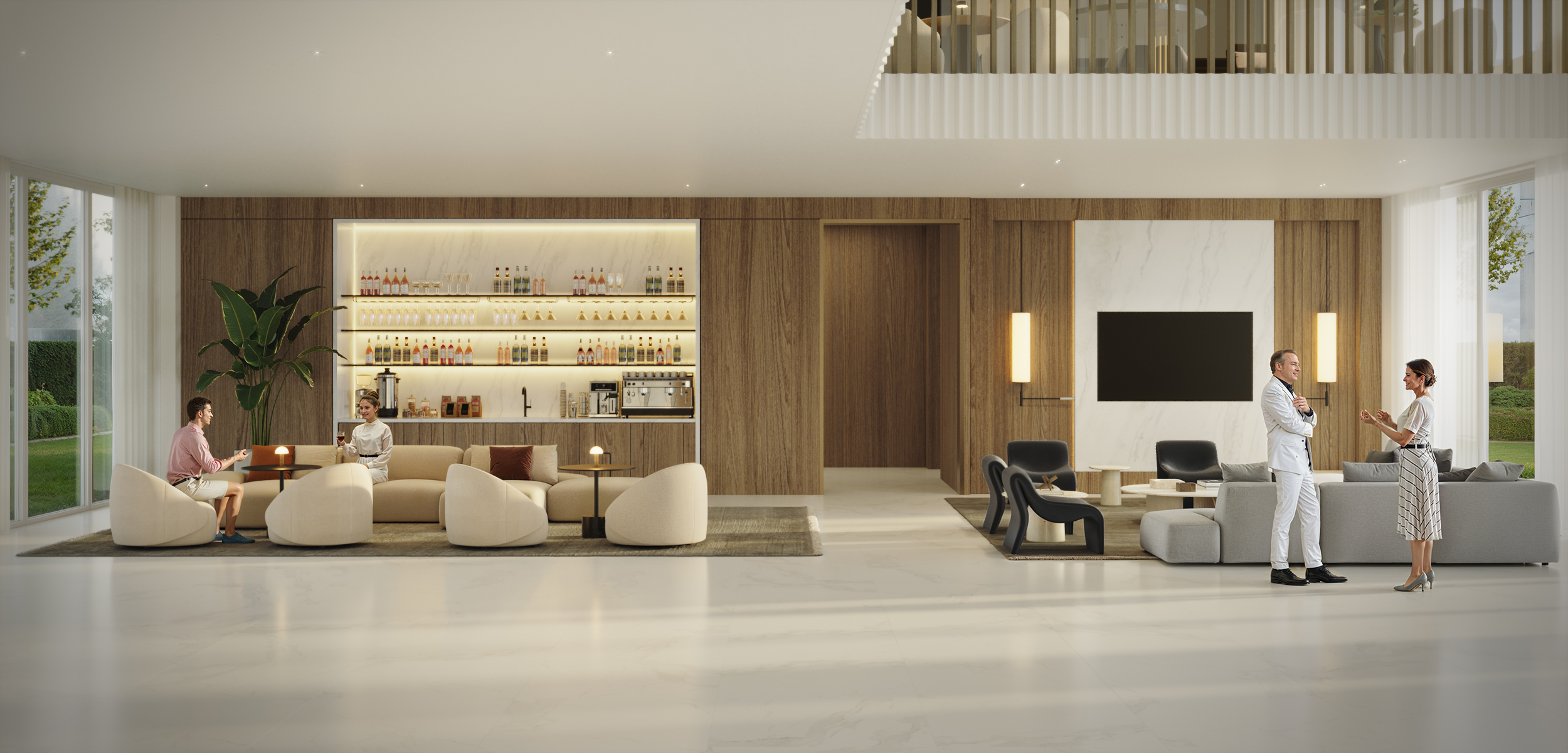 Modern hotel lounge with wood-panelled bar, cream seating, TV area and people socialising in a double-height space.