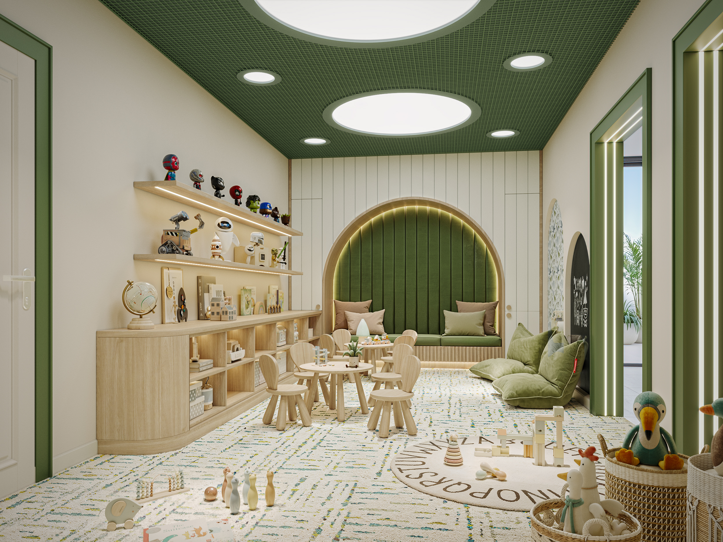 Children's playroom with green ceiling, arched seating nook, wooden furniture, toy shelves, bean bags and patterned rug.