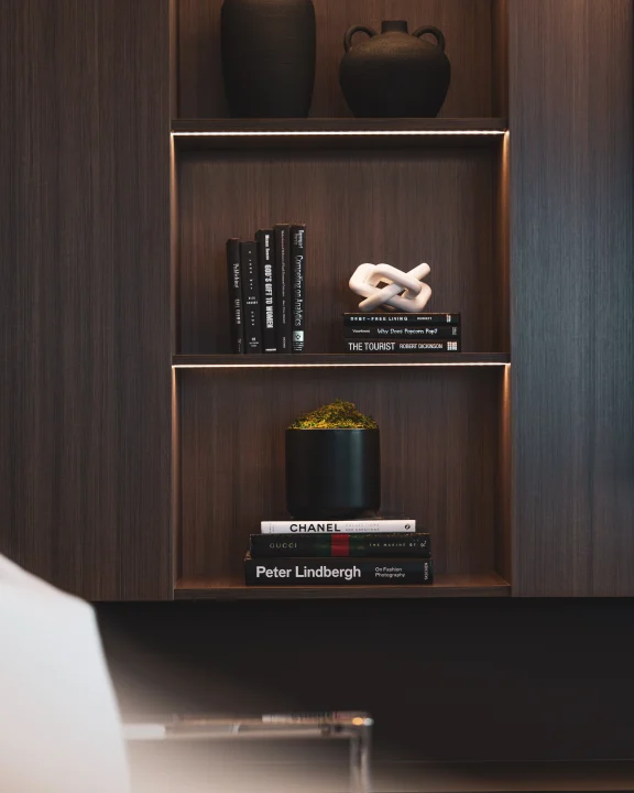 Wooden shelving with dark vases, a white knot sculpture, stacked books and a black plant pot with moss, lit by strip lighting.